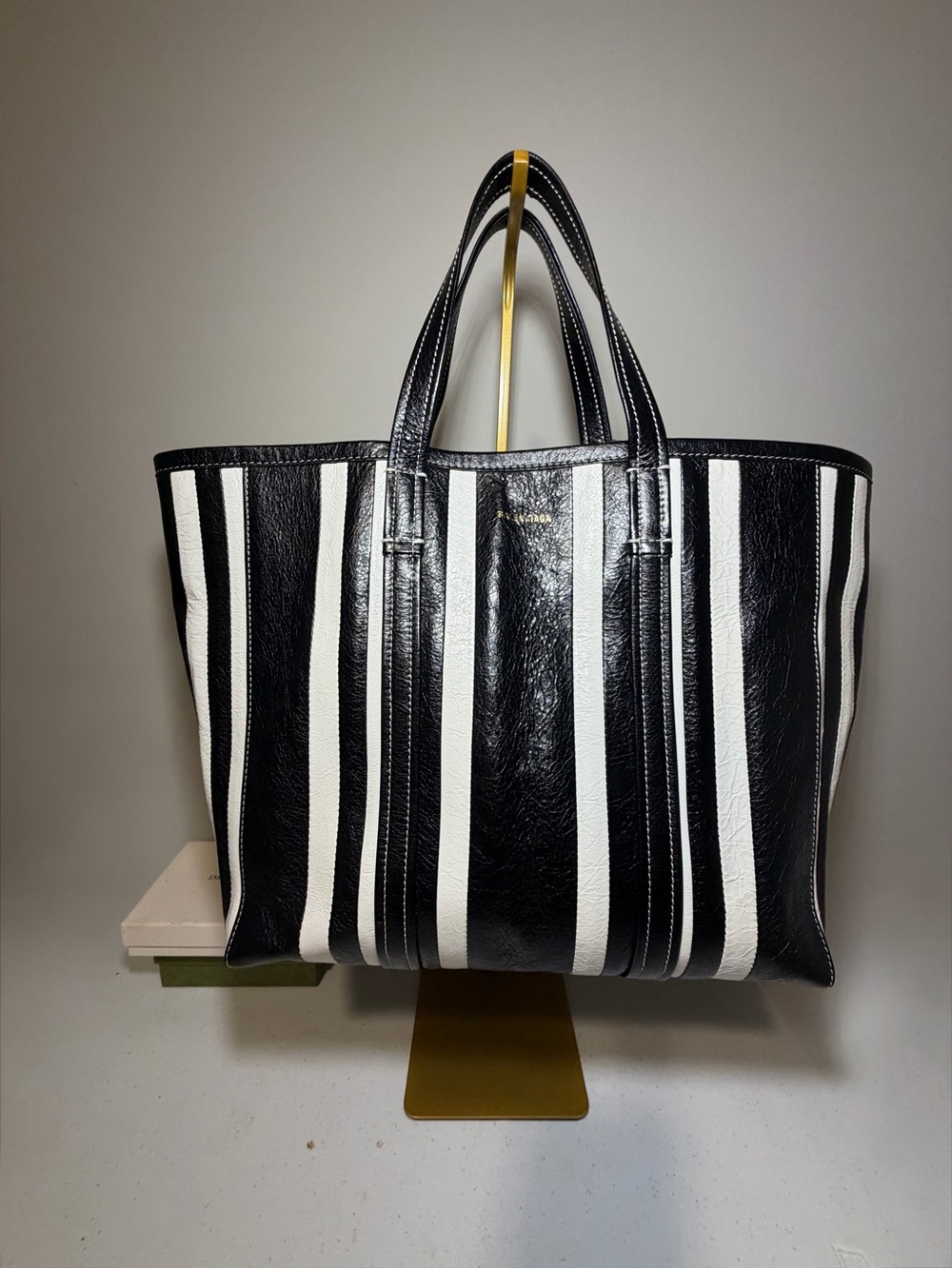Balenciaga Barbes Black & White Stripe Leather Tote Bag